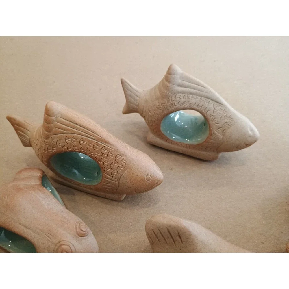 Central Napkin Rings 10 Pottery Glazed Interior Fish Frogs Duck Ornamental